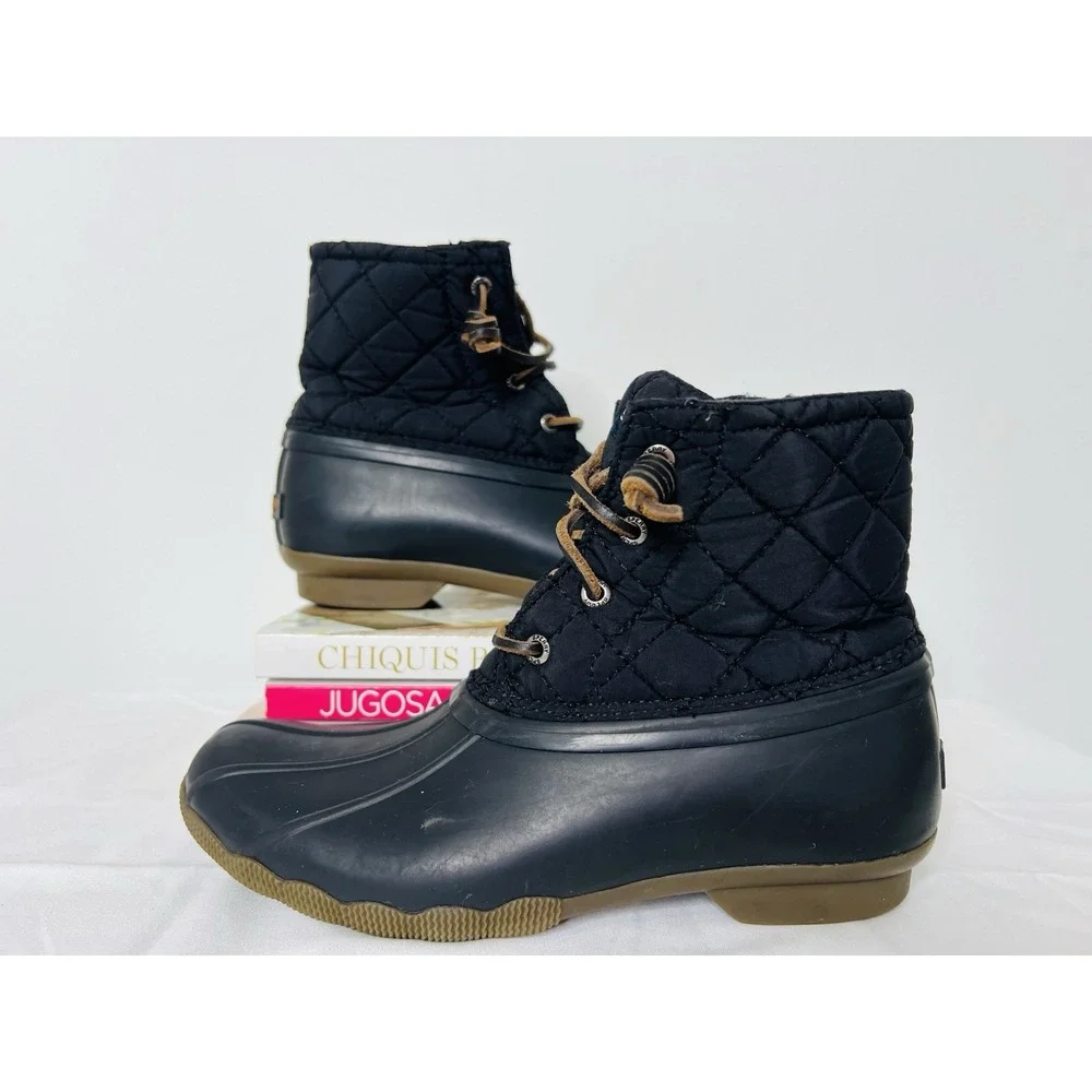 Sperry Top Sider Saltwater Duck Kids Girls Rain Black Ankle Lace Up Zip Boots 4M